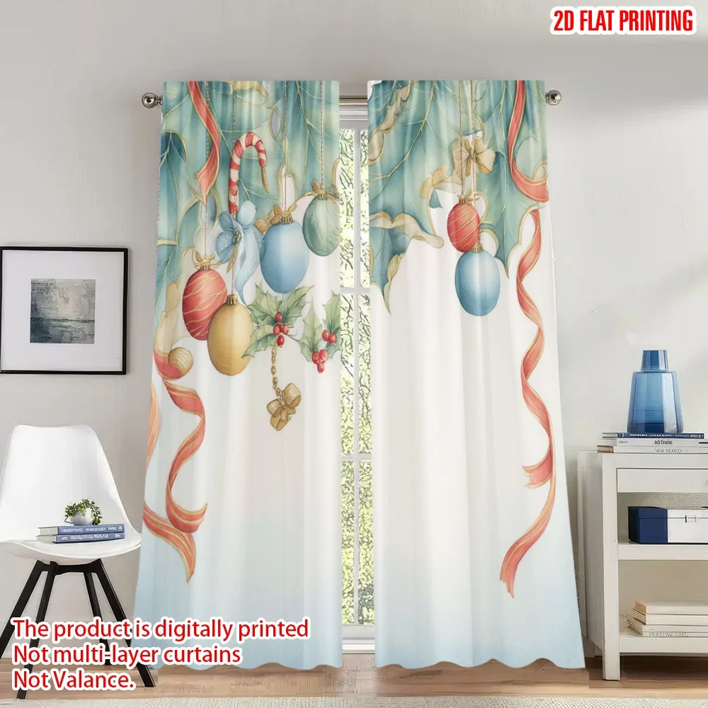 

2pcs 2D flat printing Merry Christmas Curtains Christmas Holly Garland Ornaments Digital Printed Polyester Drapes Family Party