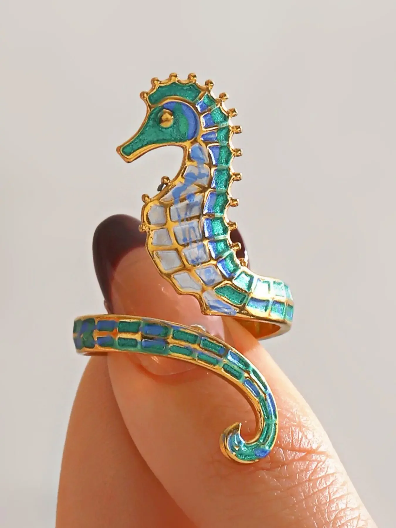 Hand Painted Enamel Seahorse Ring, Gold Plated Adjustable Marine Life Statement Ring, Unique Gift for Sea Lovers, Fashion Rings