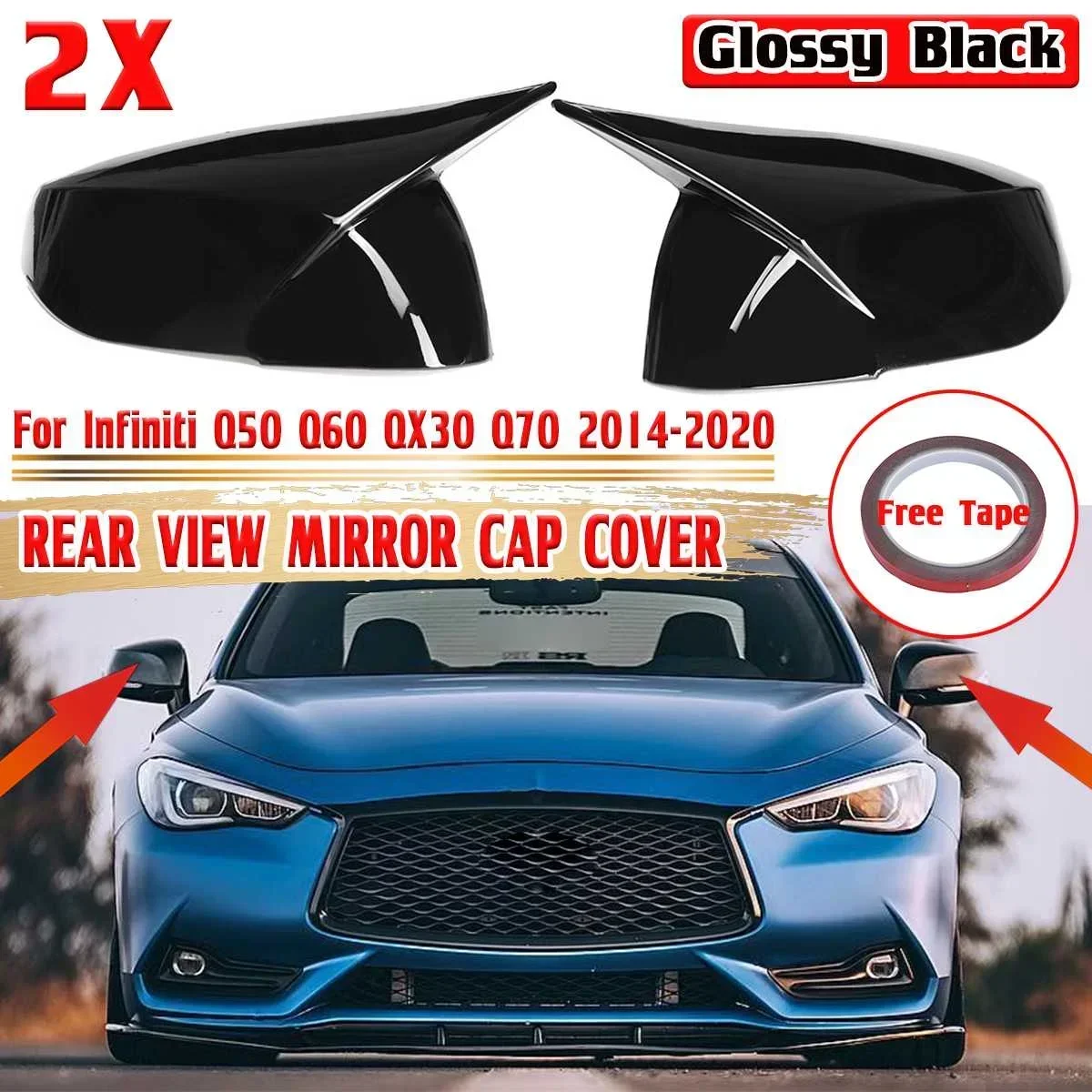 Add-on 2pcs Car Side Door Rearview Mirror Cap Rear View Mirror Shell Case Trim For Infiniti Q50 Q60 QX30 Q70 2014-2020 Body Kit