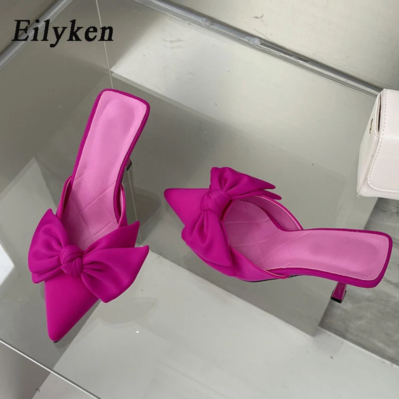 Eilyken New Style Butterfly-knot Mules Women Slippers Elegant Pointed Toe Thin High Heels Ladies Summer Fashion Party Prom Shoe