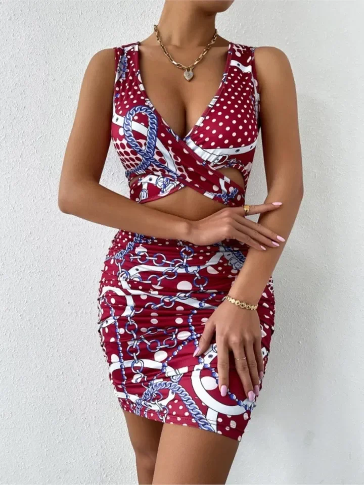 Summer Floral Print Mini Dress Women's Fashion Sexy Party Nightclub Elegant Vintage V-neck Bodycon Wrap Hollow Out Dresses