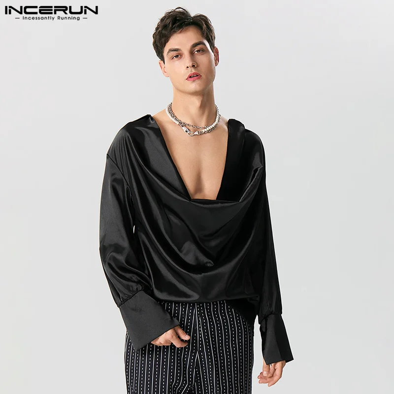 INCERUN Tops 2024 American Style New Men's Fashionable Satin V-neck Shirts Casual Streetwear Male Solid Long Seeved Blouse S-5XL