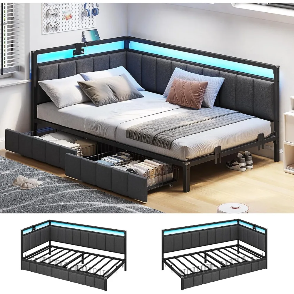 

Hasuit Corner Bed Frame with Storage Drawers, Twin Daybed with Line Fabric Upholstered Fence, Kids Bed Unit with LED Light and C
