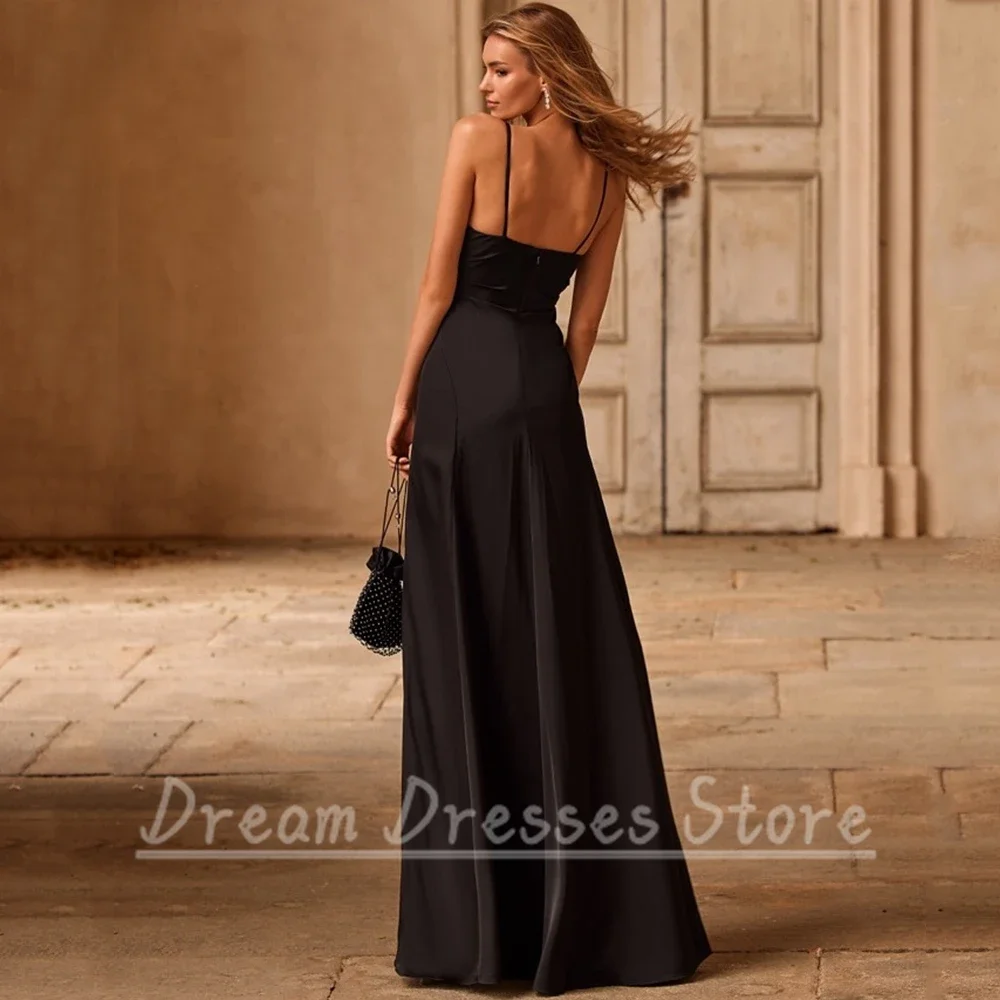 Sexy preto cintas de espaguete profundo decote em v vestido de noite alta fenda lateral sem mangas aberto volta a linha até o chão vestidos de festa femininos