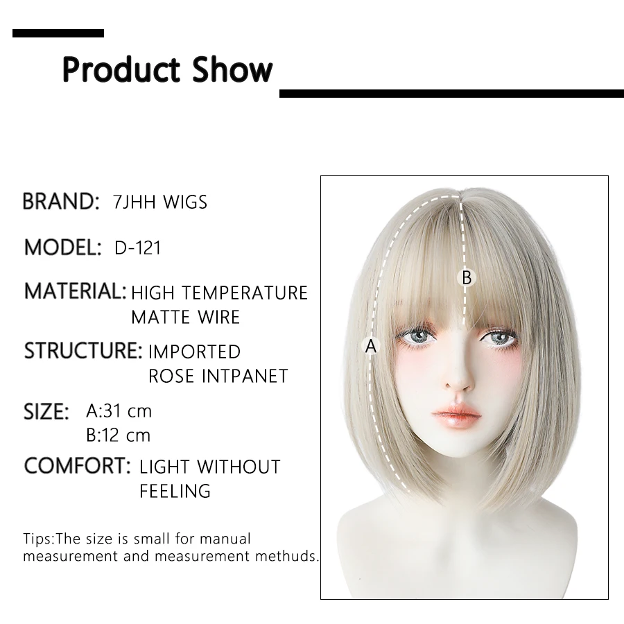 Short Straight Synthetic Wigs for Women White Grey Hair Bob Wigs with Bangs Daily Cosplay For Party Heat Resistant Lolita Hair