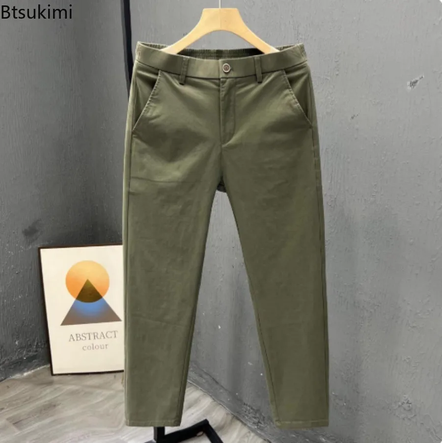 2025 Men's Solid Casual Trousers Summer Trendy Loose Thin Cotton Small Straight-leg Pants Fashionable Business Cropped Pants