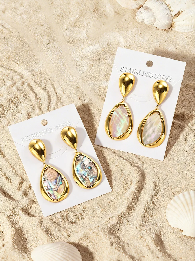 Natural Abalone Shell Teardrop Drop Earrings for Women, Gold Plated Stainless Steel Boho Beach Holiday Jewelry