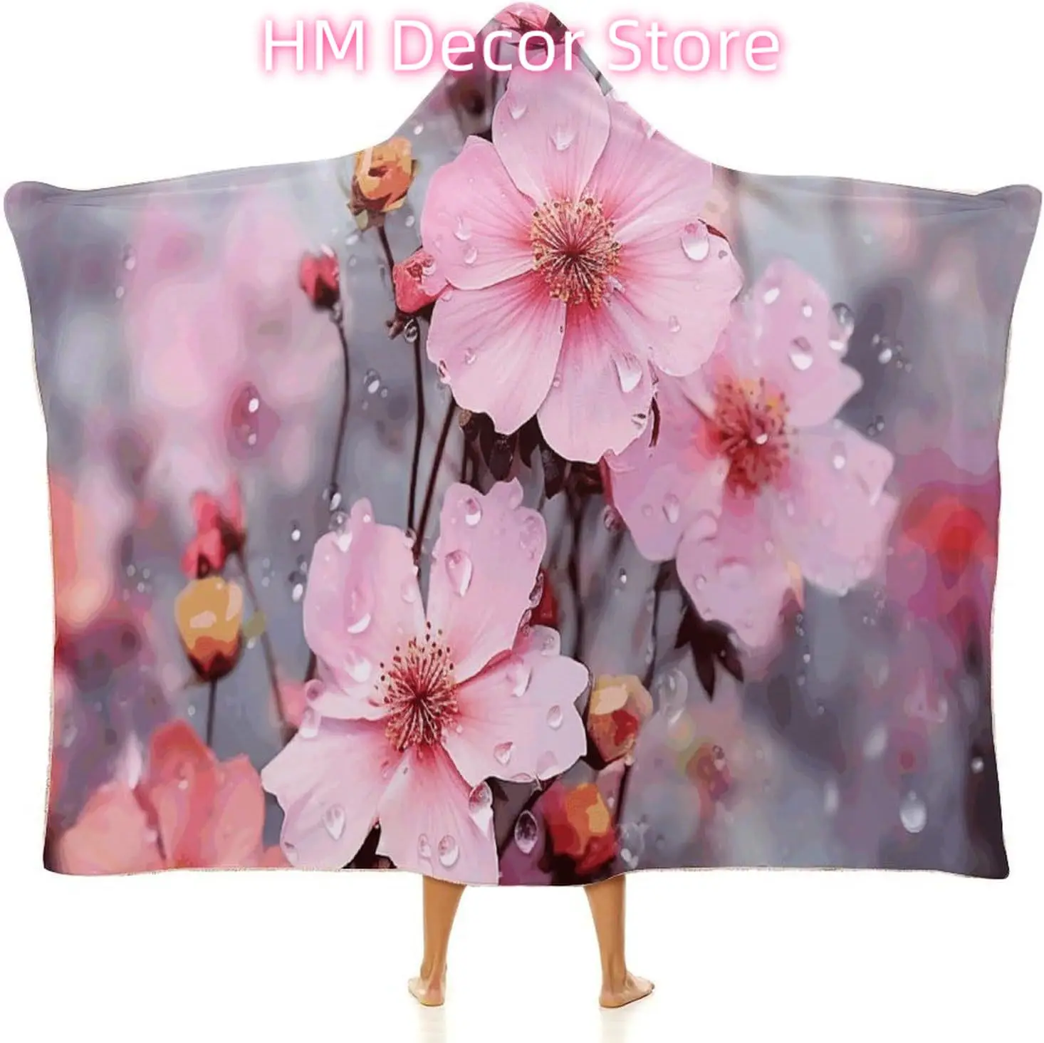 Beautiful Flower Wearable Hooded Blanket, Ultra Soft Arctic Velvet Cape Cloak Unisex - Cozy Wearable Blanket