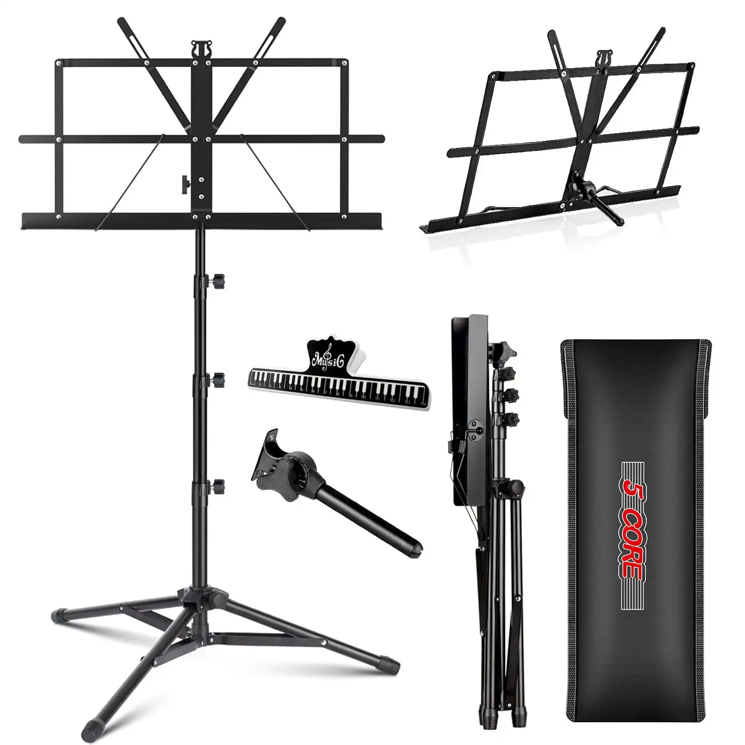 5 Core Music Stand For Sheet Music Portable Tripod Adjustable Folding Note Holder MUS FLD 4S BLK
