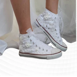 Heavy pearl flower ribbon wedding banquet plus-size women's shoes creative custom white lace-up casual sneakers 35-44