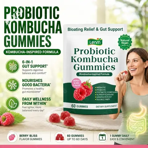 Lenm Probiotic Kombucha Gummies Bacillus Coagulans Prebiotic Fiber Postbiotic Digestive Wellness Support Berry Flavor 60 Gummies
