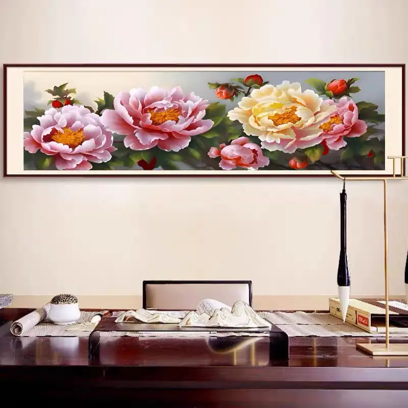 

Handmade cross stitch finished product 2024 new line embroidery peony flower living room large hand embroidered full of spring