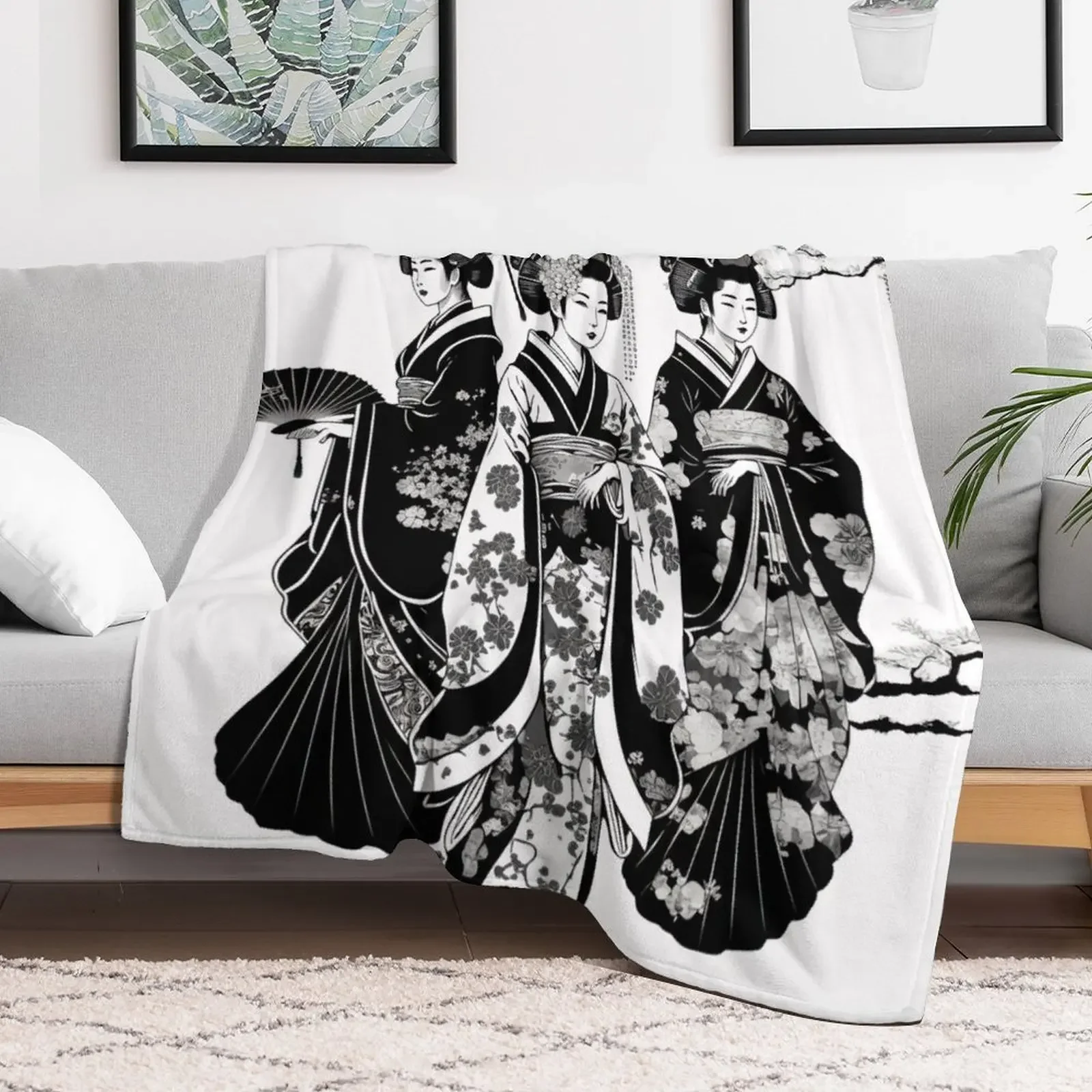 Beautiful Geisha in Black and White Throw Blanket Soft Comfort Blanket for Reading Watching TV
