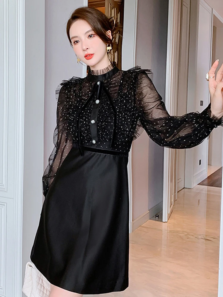 แฟชั่นElegantชุดผู้หญิงRetroหวานเซ็กซี่น่ารักSheerตาข่ายเดี่ยวBreastedชุดสั้นหญิงParty Streetวันที่Vestido
