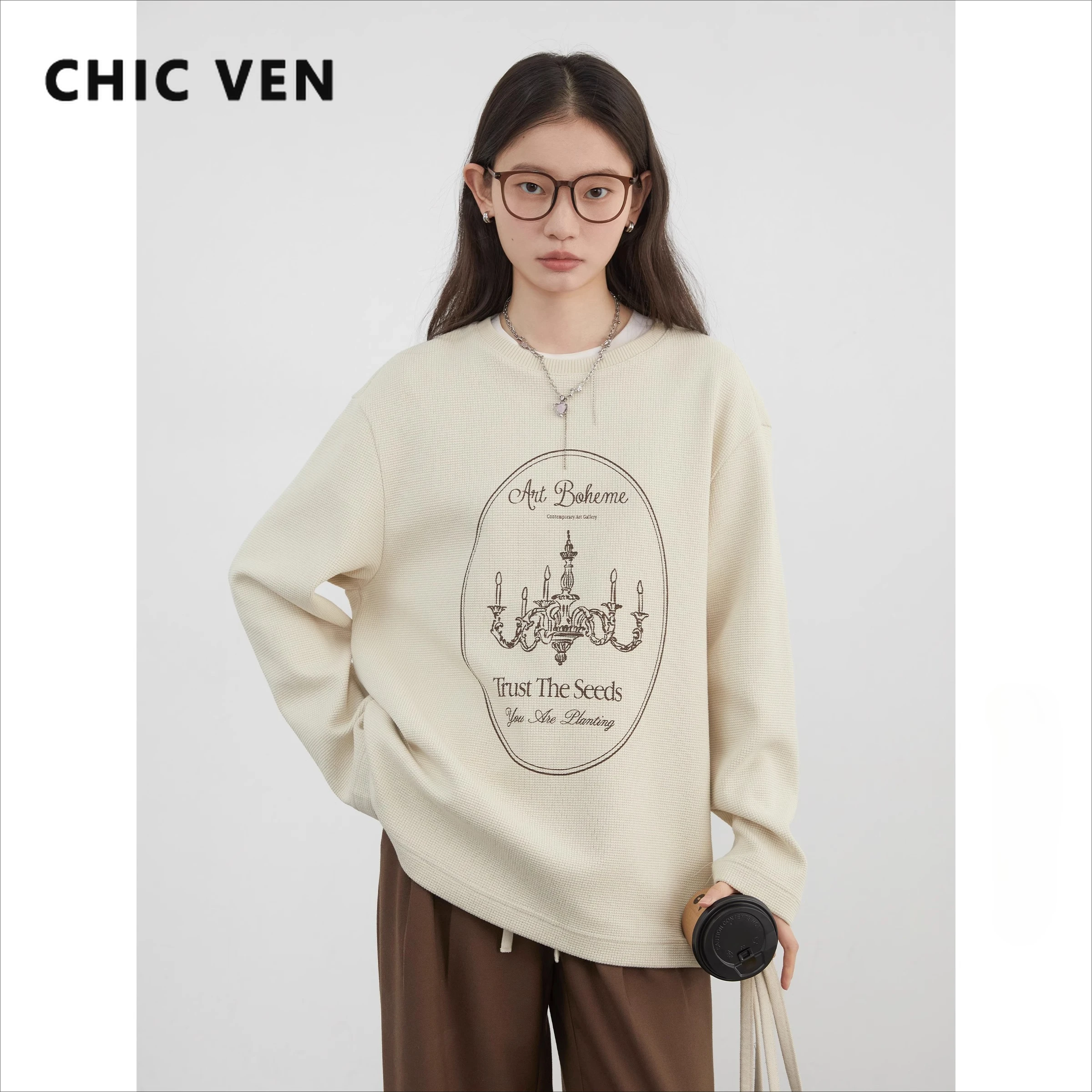 CHIC VEN Women T-Shirts Loose Casual New Vintage Texture Printed Tees Waffle Long-sleeved Girl Top Autumn Winter 2025