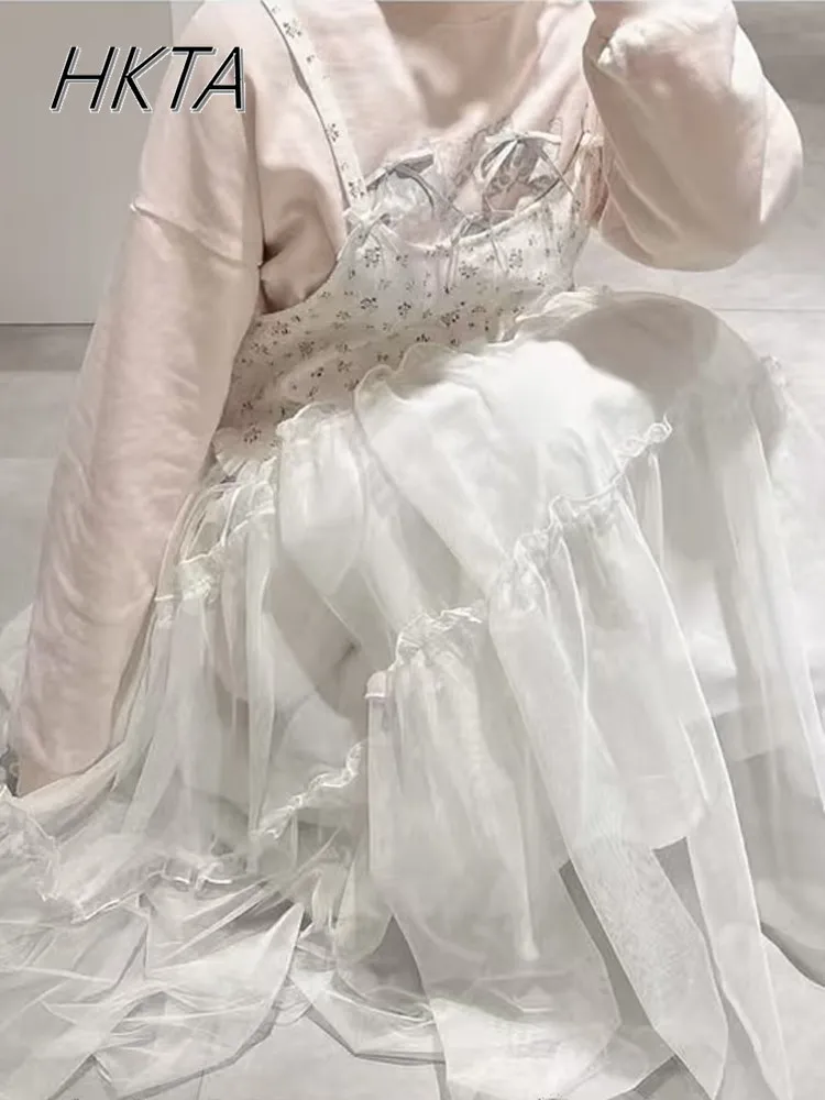 

Japanese Niche Strap Dress Women 2025 Summer New Sweet Floral Tulle Suspender Dress High Waist and Thin Long Vest Mesh Dresses