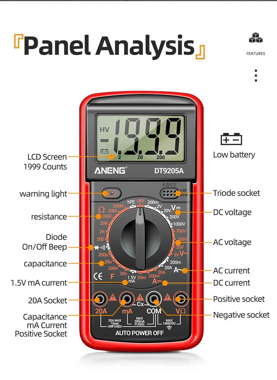 Professionelles Multimeter-Testgerät ANENG 1999 Counts Digital DT9205A-12 AC-Spannungsmessgeräte Hochpräzise Elektriker- und Mechanikerwerkzeuge – Detail 3