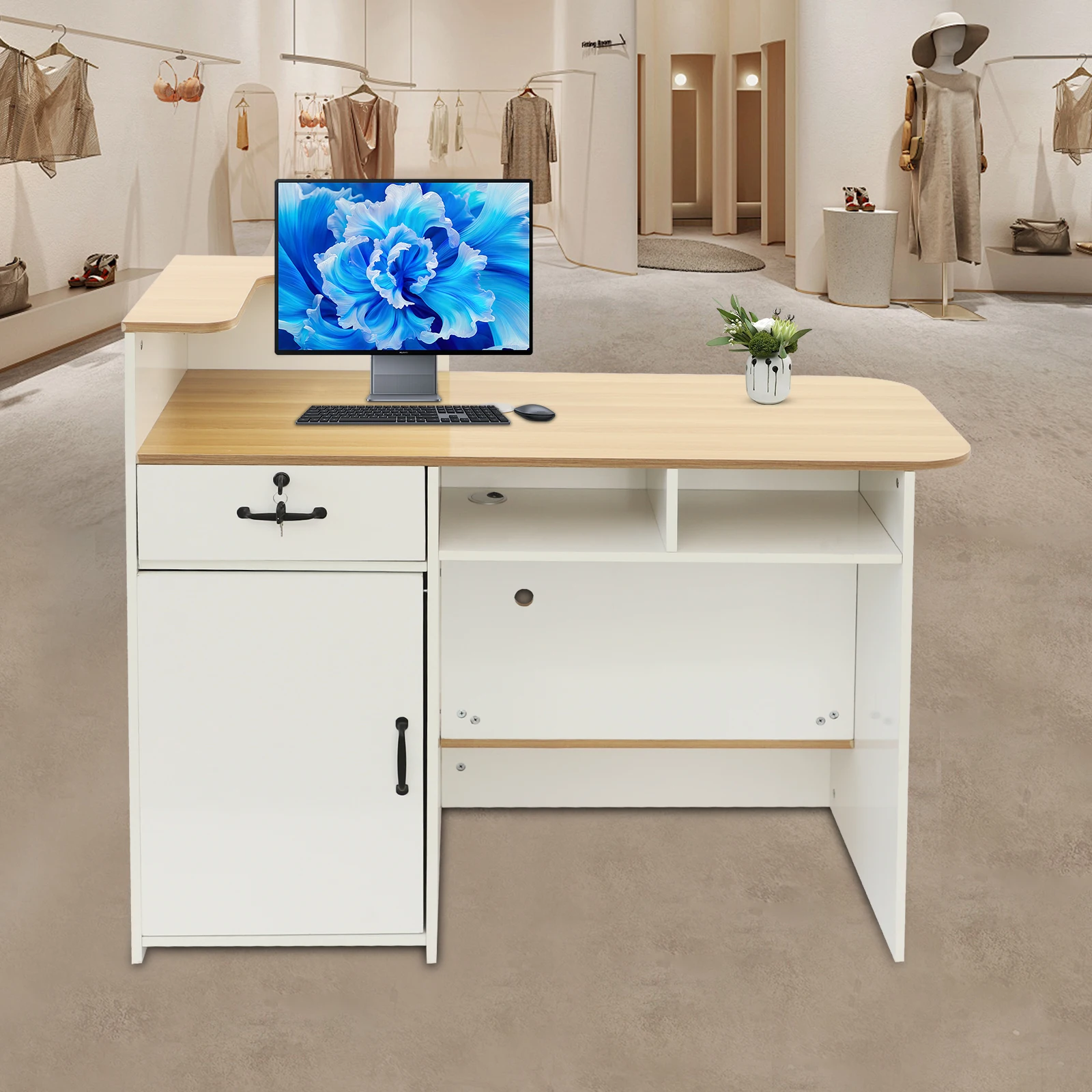 Modern Reception Desk with Lockable Drawer Floorstanding with 2 Lights