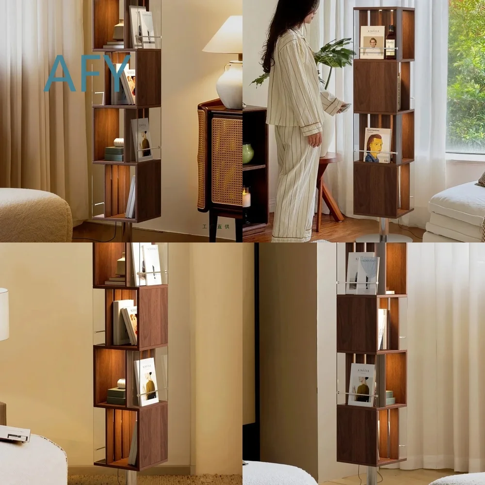 Rotating Bookshelf for Antique Style Solid Wood Books and Newspapers Display Rack Corner Cabinet with LED Lights Space Saving
