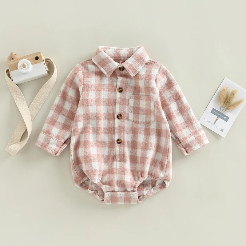 Baby Boy Girl Flannel Plaid Shirt Romper Long Sleeve Lapel Button Down Bodysuit Oversized Tops Fall Winter Clothes