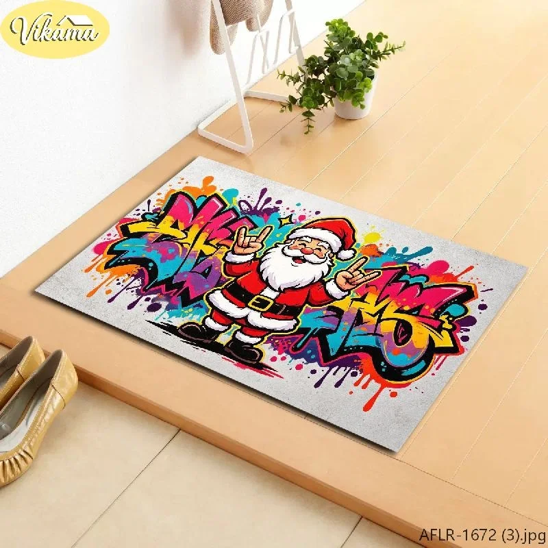 VIKAMA Santa & Typographic Flannel Door Mat, Non-Slip Machine Washable, Decor for Entryway Front Door Living Room Kitchen