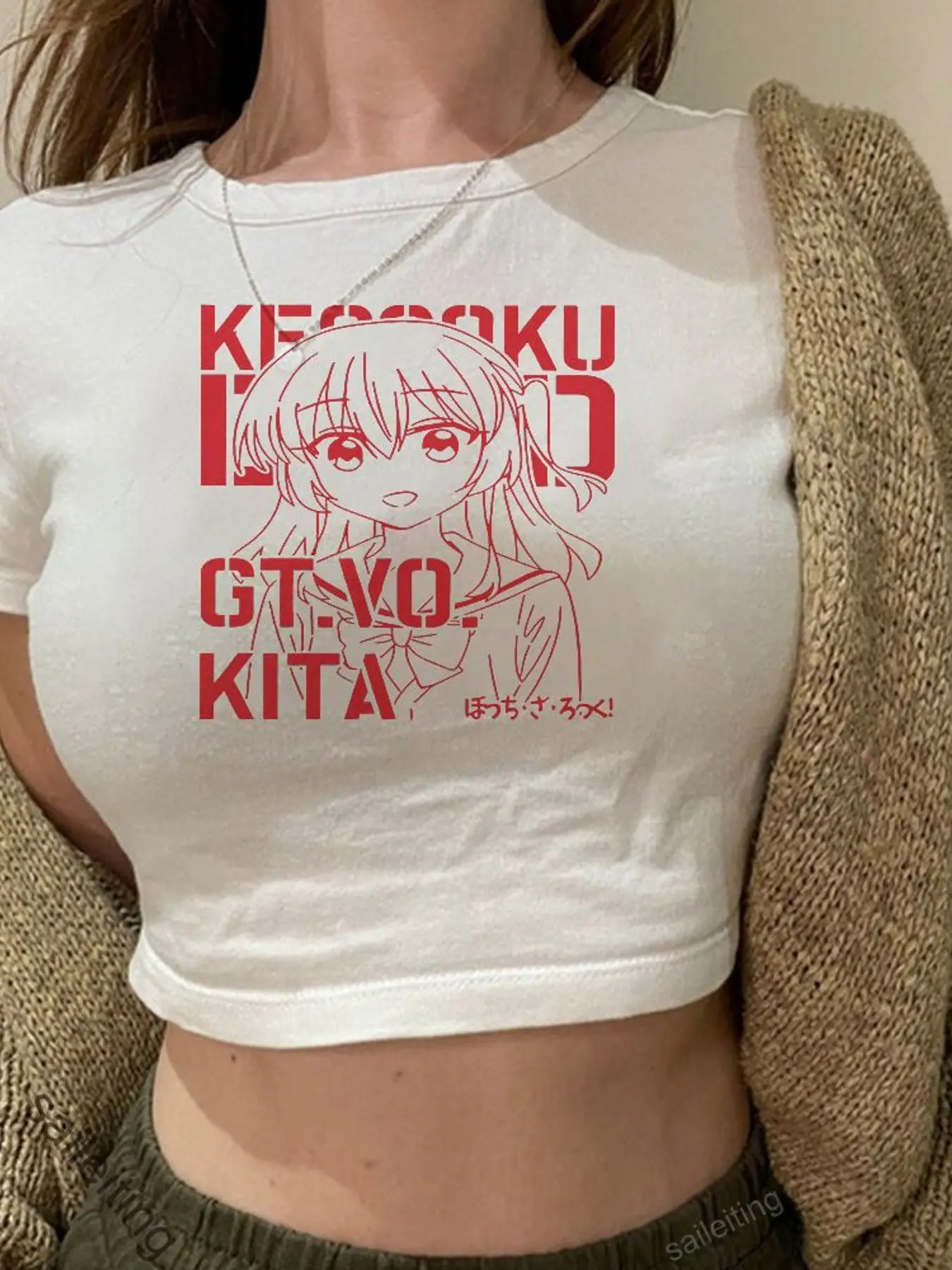 Anime Girl Print Crop Top Women Short Sleeve T-Shirt Red KIZAKU GT-VO-KITA Graphic Tee Harajuku Streetwear Aesthetic Top