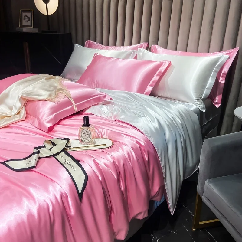 Nordic Silk Bedding Set with Duvet Cover Bed Sheet Pillowcase Luxury Couple Single Double Summer Home Textile Solid Bedsheet