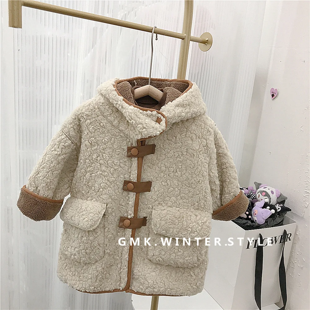 

Girls' Winter Clothing Korean Soft and Skin Friendly Thick Lamb Fur Hooded Mid To Long Length Coat, Trendy Coat
