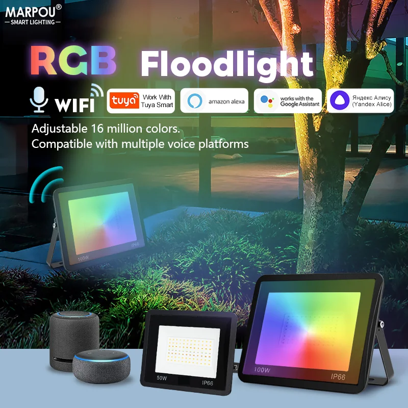 TUYA Smart LED Flood Light RGB Dimming Voice Function Waterproof Home Outdoor Decorative Light DIP Key Switch Cold Neutral Warm