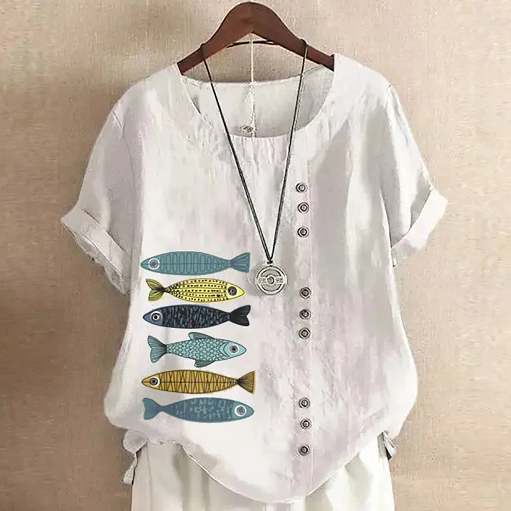 

Summer Women's Cotton Linen T-shirts Round Neck Fish Print Loose Short Sleeve Top Buttons Female Casual Tee Shirt Ladies Clothes