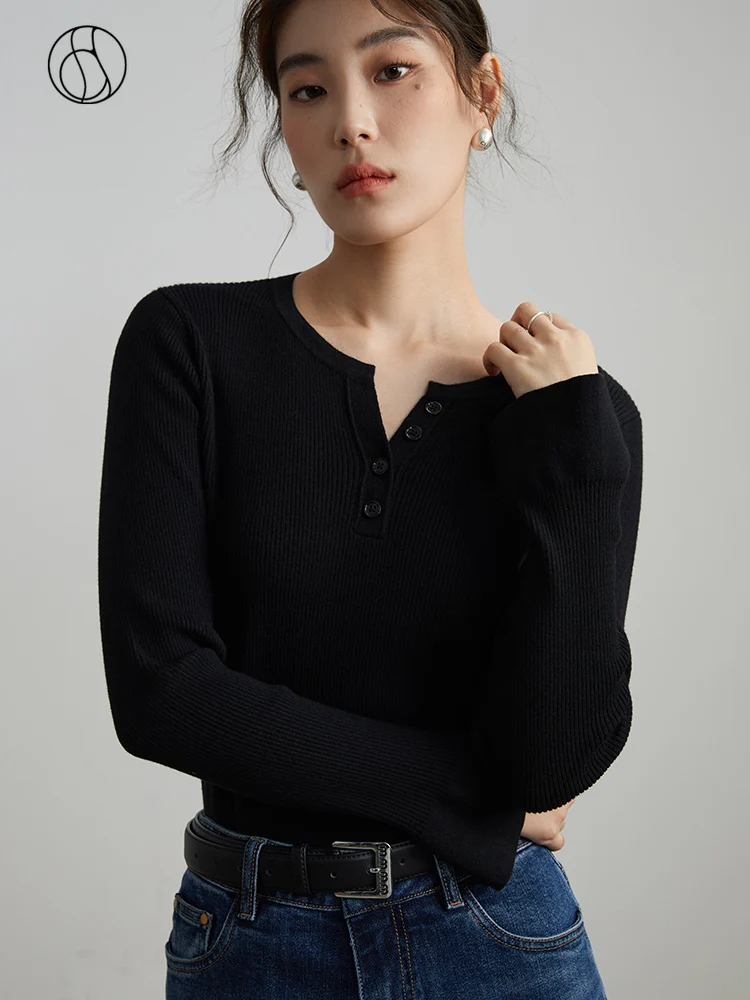 DUSHU Minimalist Waistband Curved Hem Wool Sweater For Women's Autumn Winter 2023 New Inner Layer Top Black Women Tops