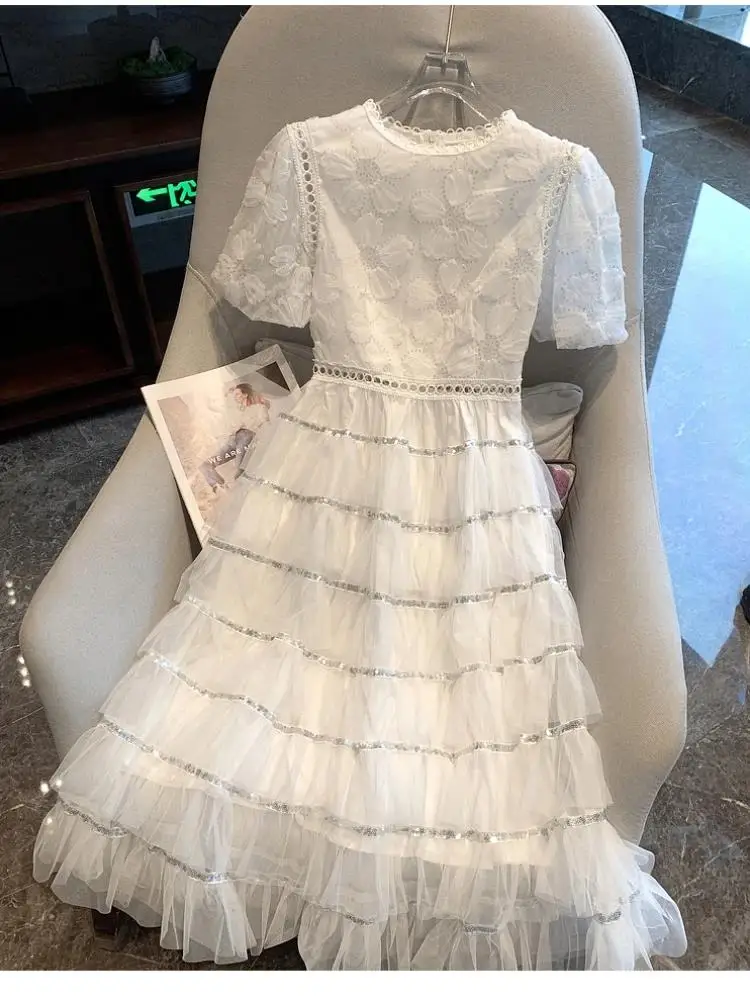 Summer Fairy Princess Mesh Sequined Embroidery Cascading Ruffles Layer Cake Dress Women Clothing Evening Birthday Party Vestidos