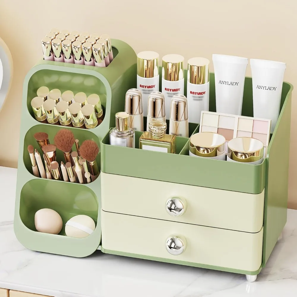 

Large Thick Makeup Organizer with Drawers, Skincare Storage Box for Vanity Desk Countertop Green