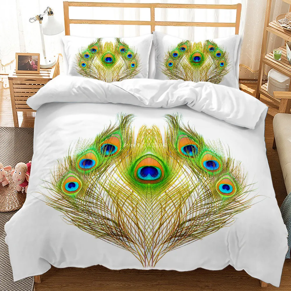 3pcs 3D Ethnic Style Fashion Peacock Feather Floral Print Bedding Set with Down Bed Cover and Pillowcase - For Bedroom