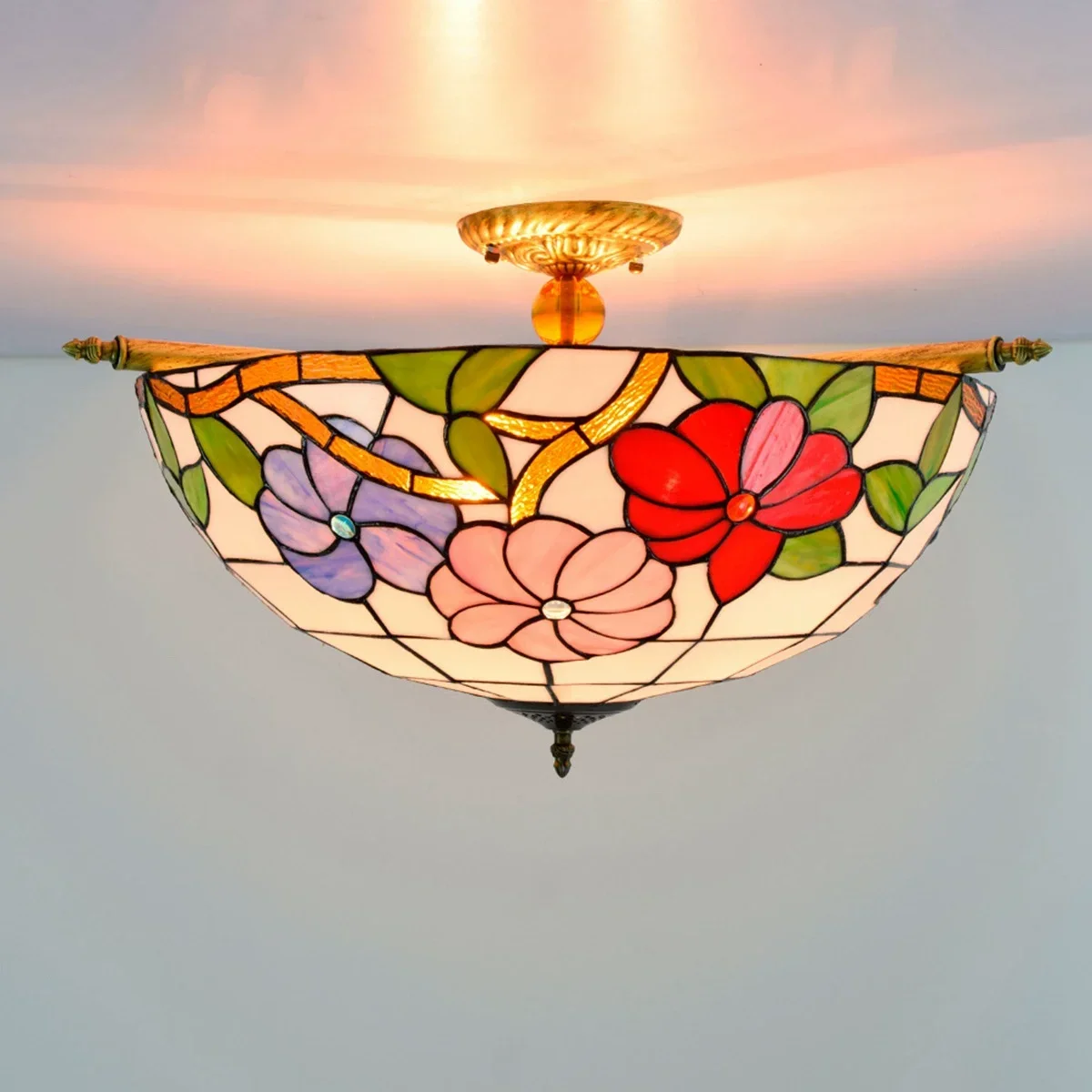 20 Inch American Retro Red Morning Glory Garden Tiffany Stained Glass Restaurant Bar Club Bedroom Upward Pendent Ceiling Lamp