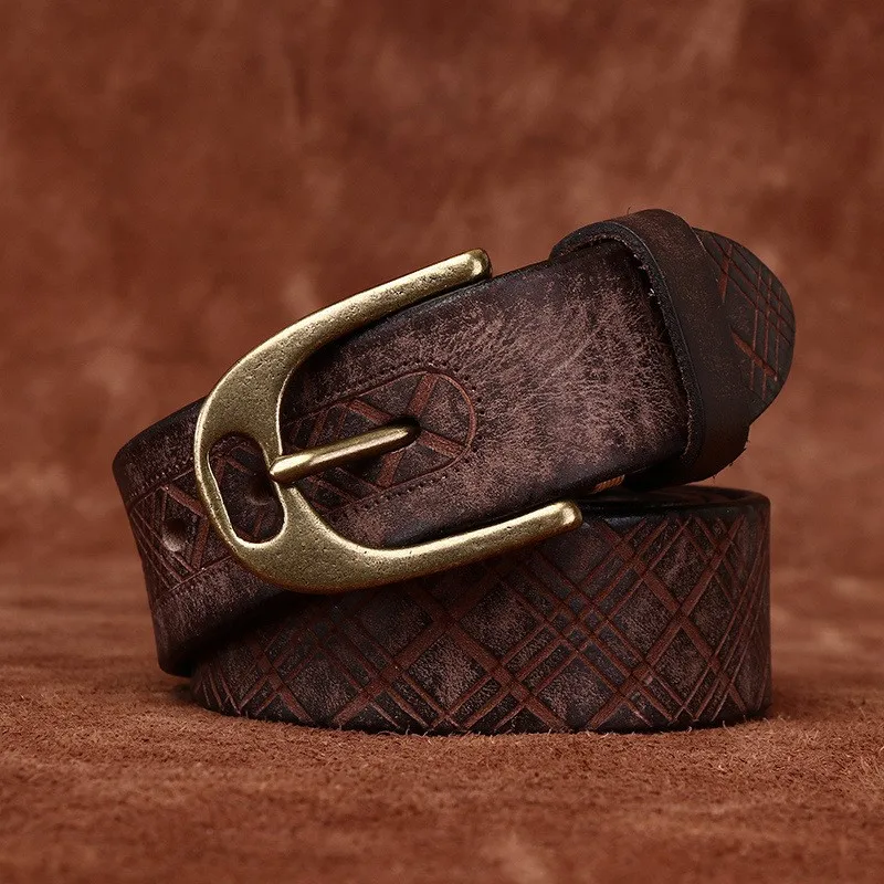 38CM wide thickened extra thick diamond-shaped embossed belt men's leather top layer casual