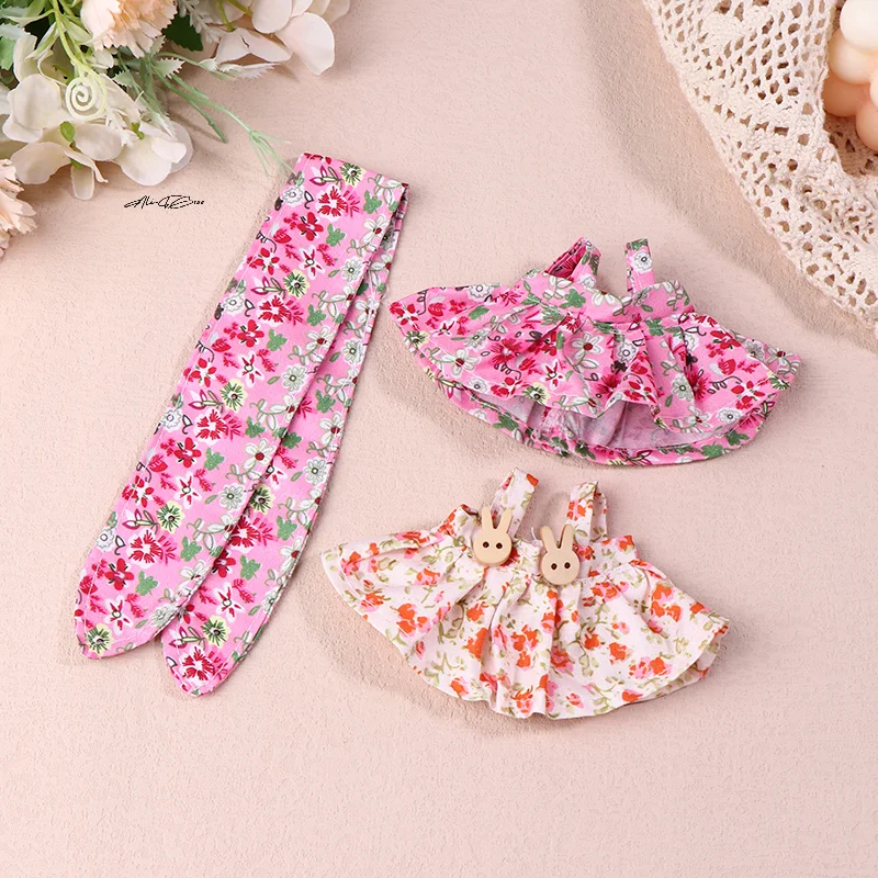 Süßes Blumenkleid mit Stirnband für 17 cm große Labubu-Puppe, Plüsch, Rollenspiel, Kleidungszubehör, austauschbare Puppenkleidung, Geschenk