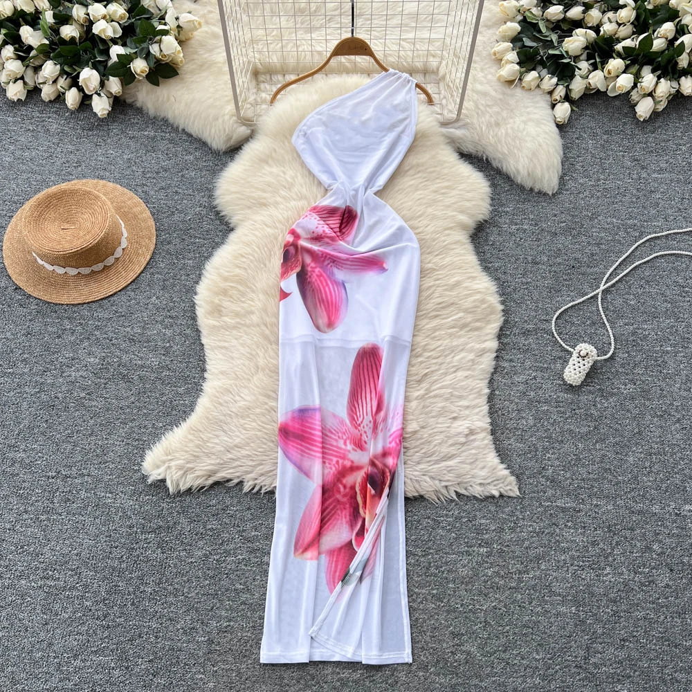 Chic vintage Diagonal collar print sleeveless slim Elegant Fairy korean fashion Boho Sundress women clothing Long dress