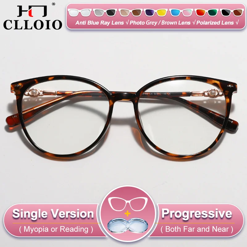 

CLLOIO Fashion Skinny Face Women Round Frame Myopia Prescription Glasses Blue Light Blocking Photochromic Progressive Eyeglasses