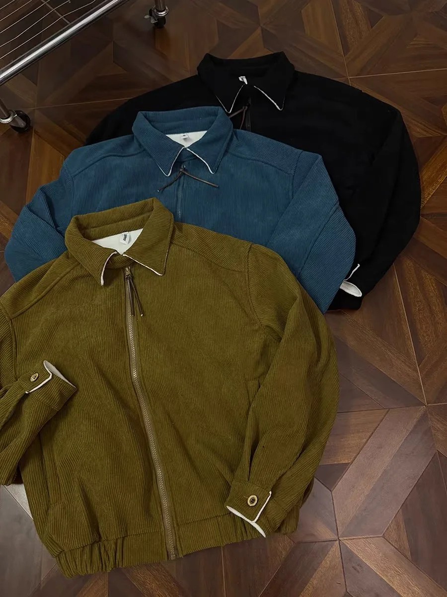 Retro American Patchwork Collar Corduroy Jacket Men's Winter Casual Versatile Cleanfit Zipper Long Sleeve Breathable Polyester