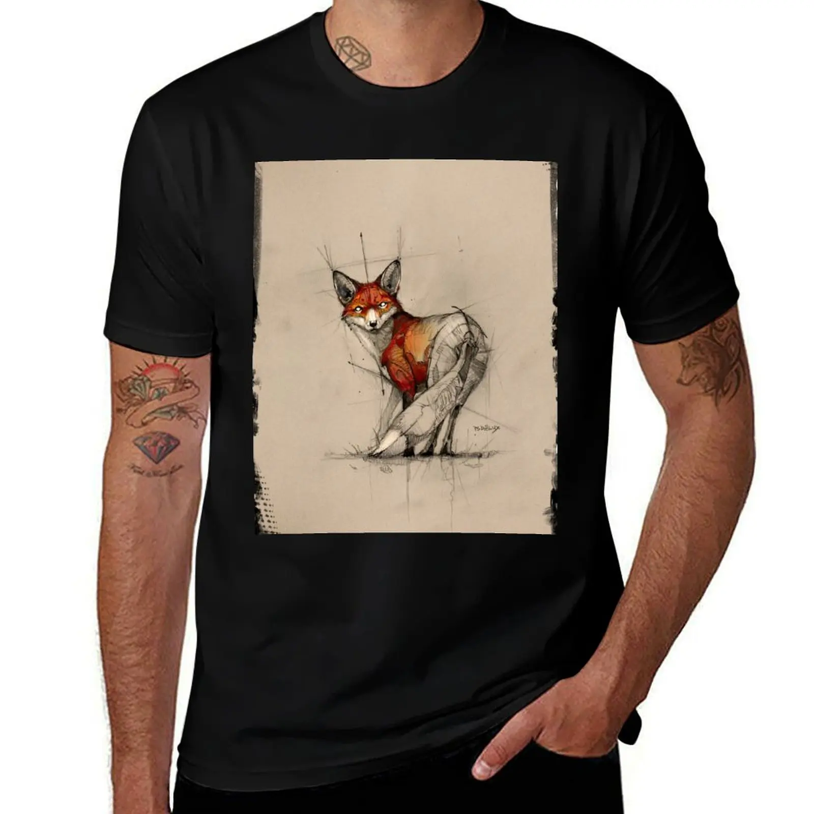 

fox sketch frame psdelux T-Shirt cotton graphic tees cheap stuff oversized for a boy mens graphic t-shirts hip hop