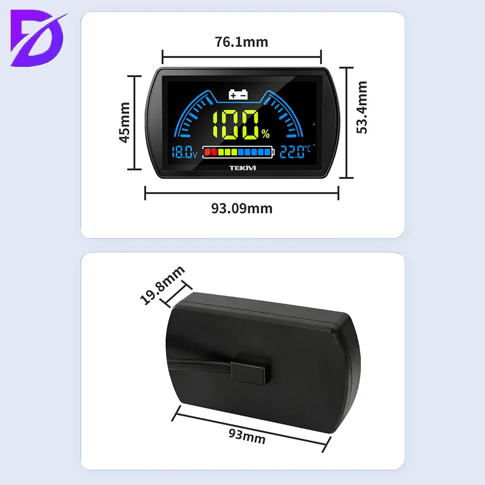 DC 7-100V Battery Monitor Volt Meter LCD Display Voltage Charge Indicator with Temperature Sensor for RV Electric Vehicle
