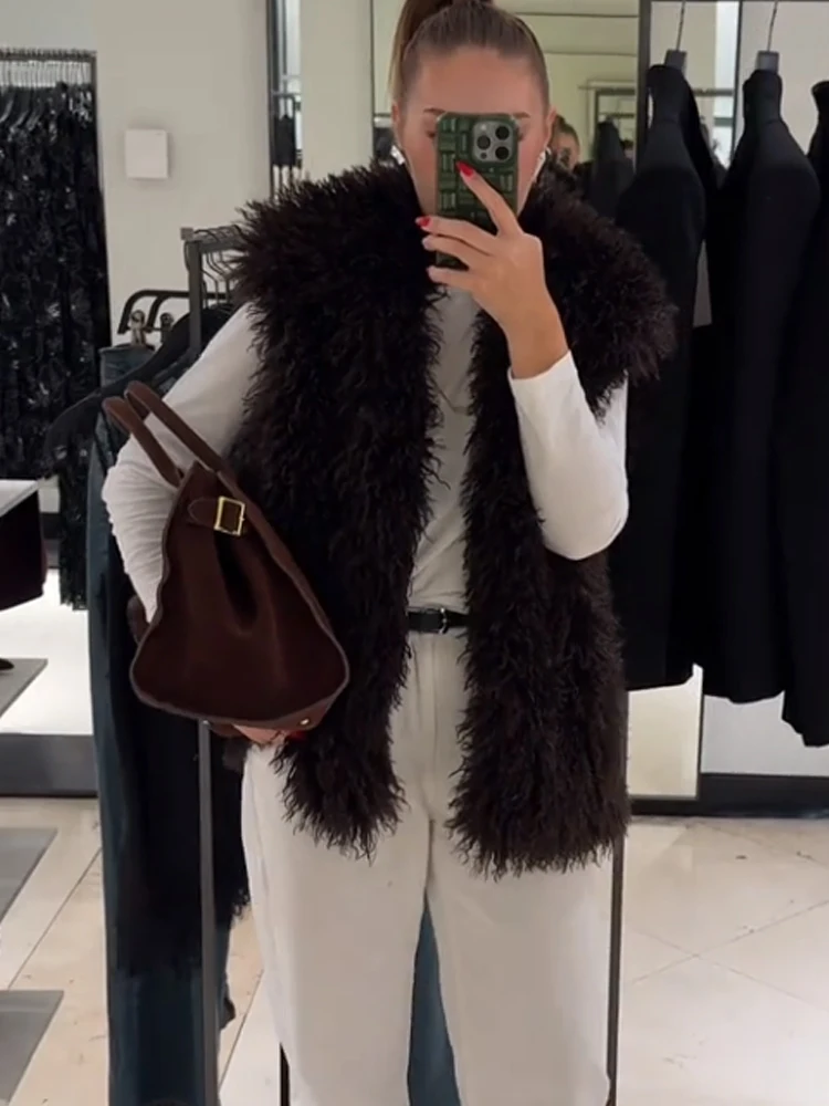 

HH 2025 женский модный универсальный жилет из искусственного меха с отложным воротником, женский простой повседневный тонкий однотонный осенний топ без рукавов