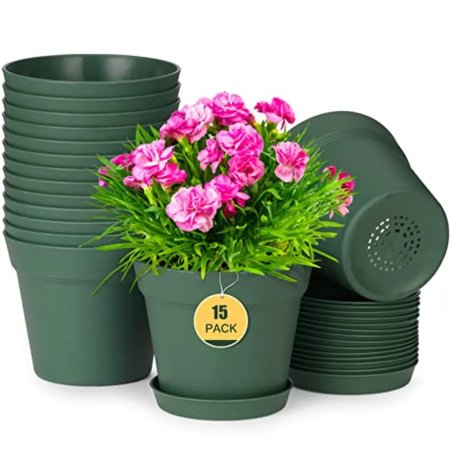 

Plant Pots, 15 Pack Flower Pots with Multiple Drainage Holes and Saucers, Plastic Planters for All Home Garden Flowers Succulen
