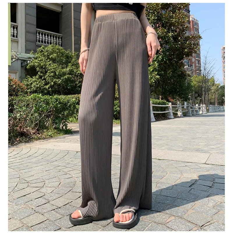 

Apricot Pit Stripe Knitted Baggy Sporty Straight Tube Drape Casual Pants for Women with High Waist Slim Wide Leg Floor Long Pant