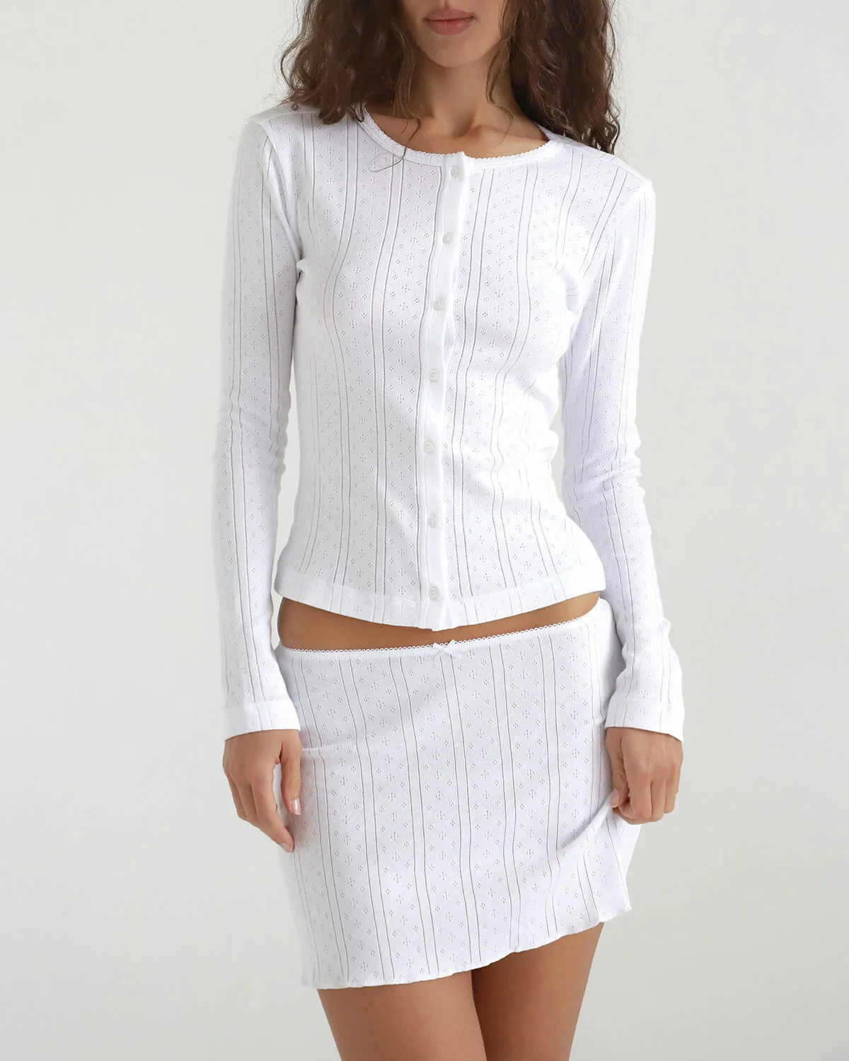 Cou French-Style Hollow-Out Vertical Striped Knit Cardigan, Lace-Trimmed Round Neck Slim-Fit Short Long-Sleeve Top, Single-Breasted Slim-Fit Short Long-Sleeve Base Layer Top, Waist-Cinching Slimming S image 5