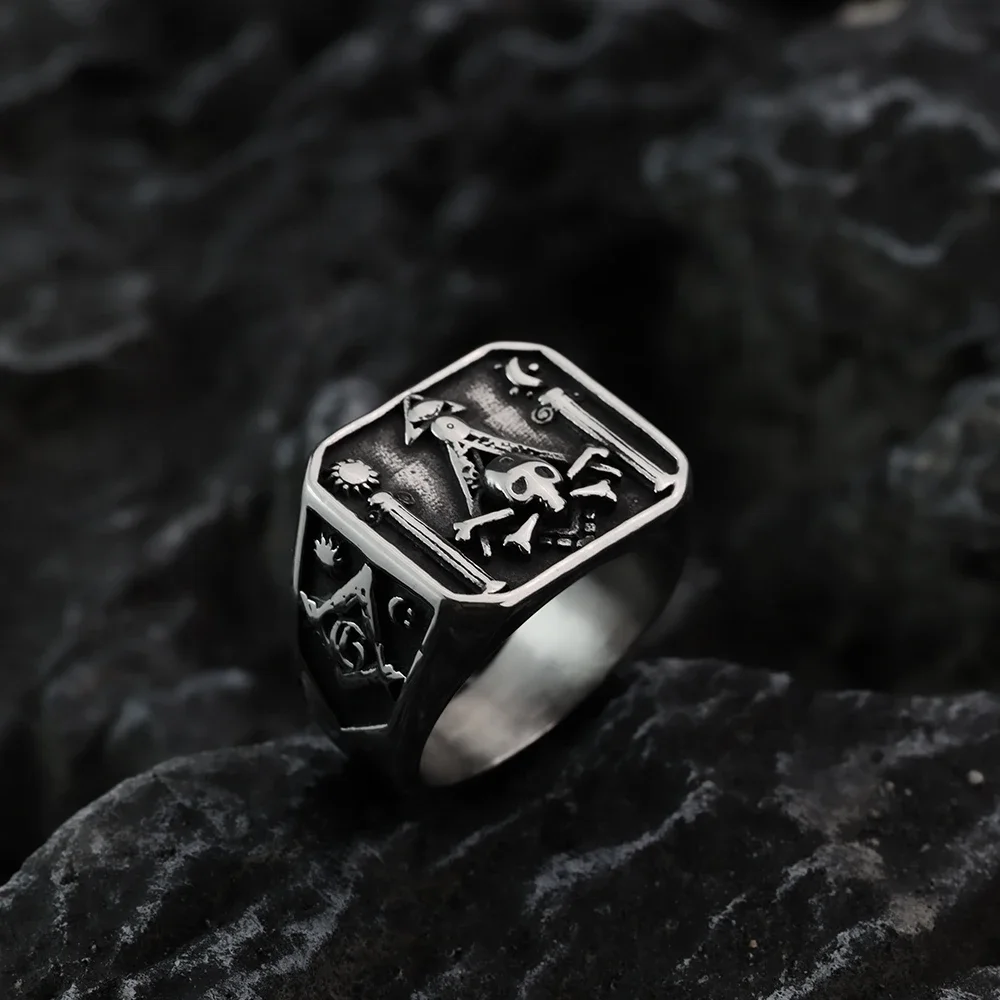 European and American style retro personality domineering Masonic men\'s ring skull punk trendy stainless steel jewelry