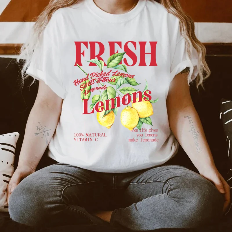

Женская футболка больших размеров, женские топы с принтом ботанического лимона, винтажные эстетические футболки с рисунком цитрусовых и фруктов, милые топы с короткими рукавами