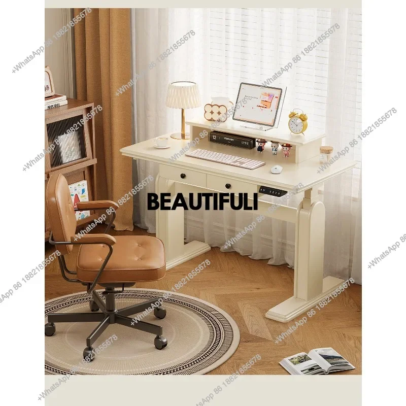 M138French Smart Electric Lifting Desk Home Bedroom Computer Desk White Solid Wood Standing Workbench