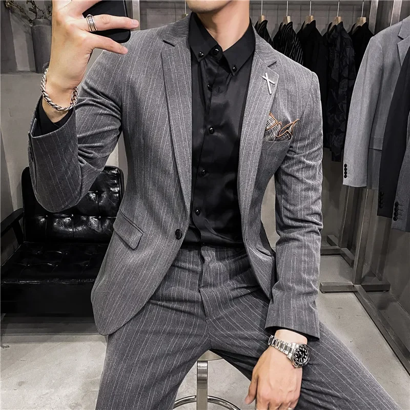 

Latest Design Two-line Striped Men Suits Groom's Wedding Dress/Tuxedo Best Costume Male British Business Social Suits Size S-4XL